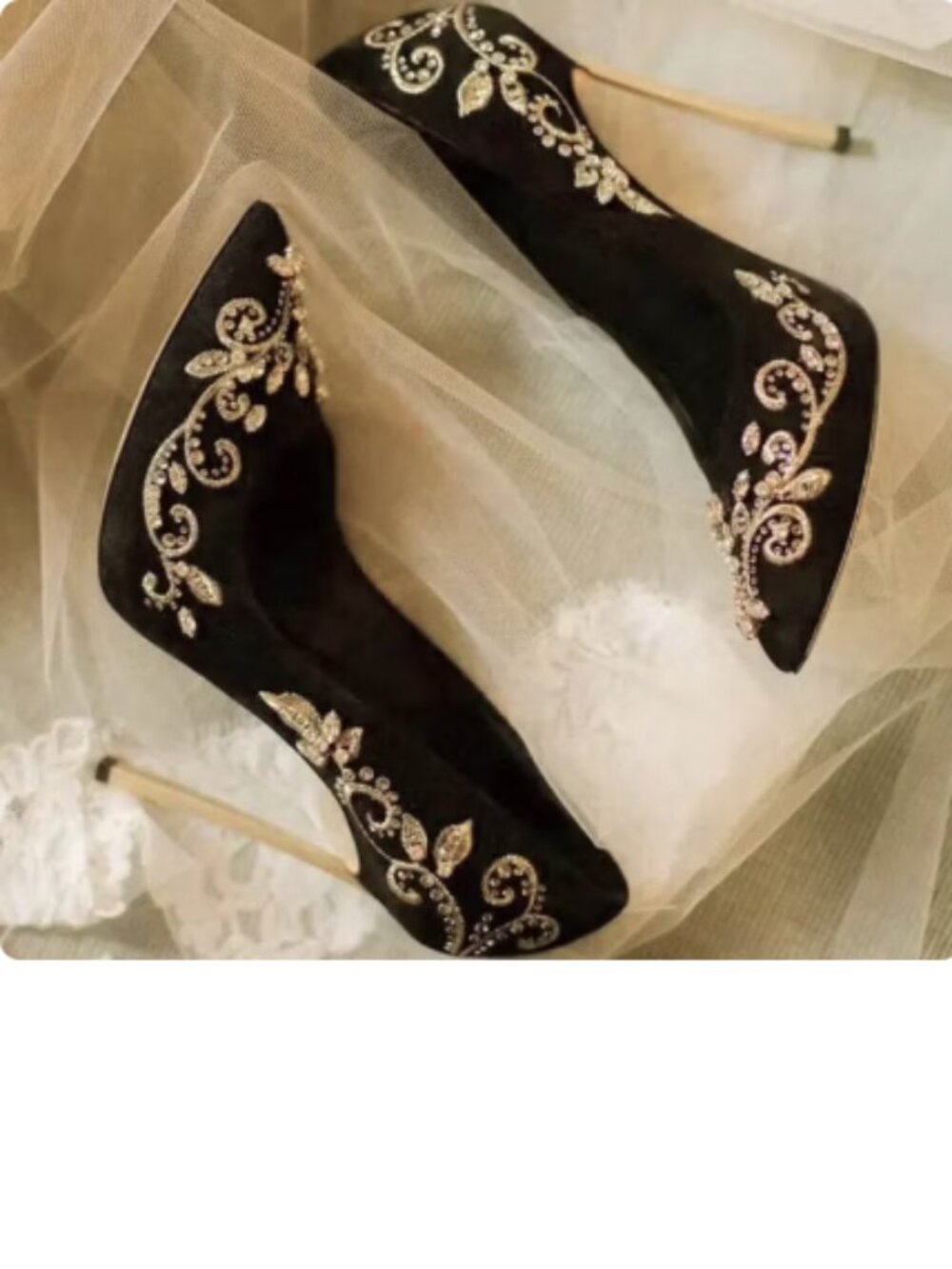 FSJ Black Embroidered Rhinestone Stiletto Heel Evening Pumps for Women
